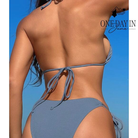 Tashehe Adjustable Triangle Ribbed Tie Side Bikini Swimsuit Size M - Picture 2 of 7